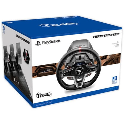 Thrustmaster T248 Racing Wheel and pedal set packaging showcasing features.