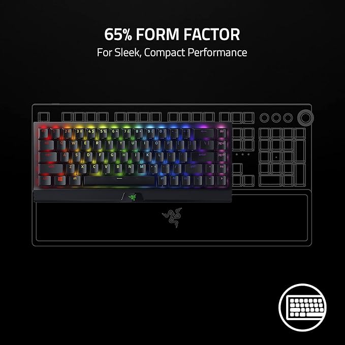 Razer BlackWidow V3 Mini HyperSpeed keyboard illuminated with RGB Chroma backlighting, displaying vibrant colors for a personalized gaming setup.