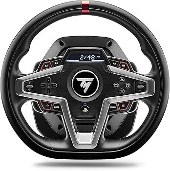 Thrustmaster T248 Racing Wheel featuring leather wrap and integrated dashboard display.