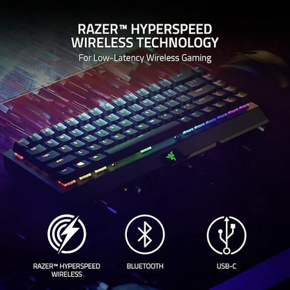 Razer BlackWidow V3 Mini HyperSpeed 65% Wireless Mechanical Keyboard with wireless mode indicator, offering a low-latency connection for gaming.