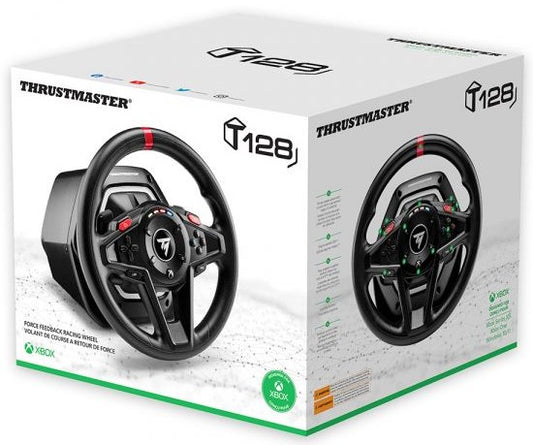 Thrustmaster T128 Racing Wheel packaging showcasing features and compatibility.