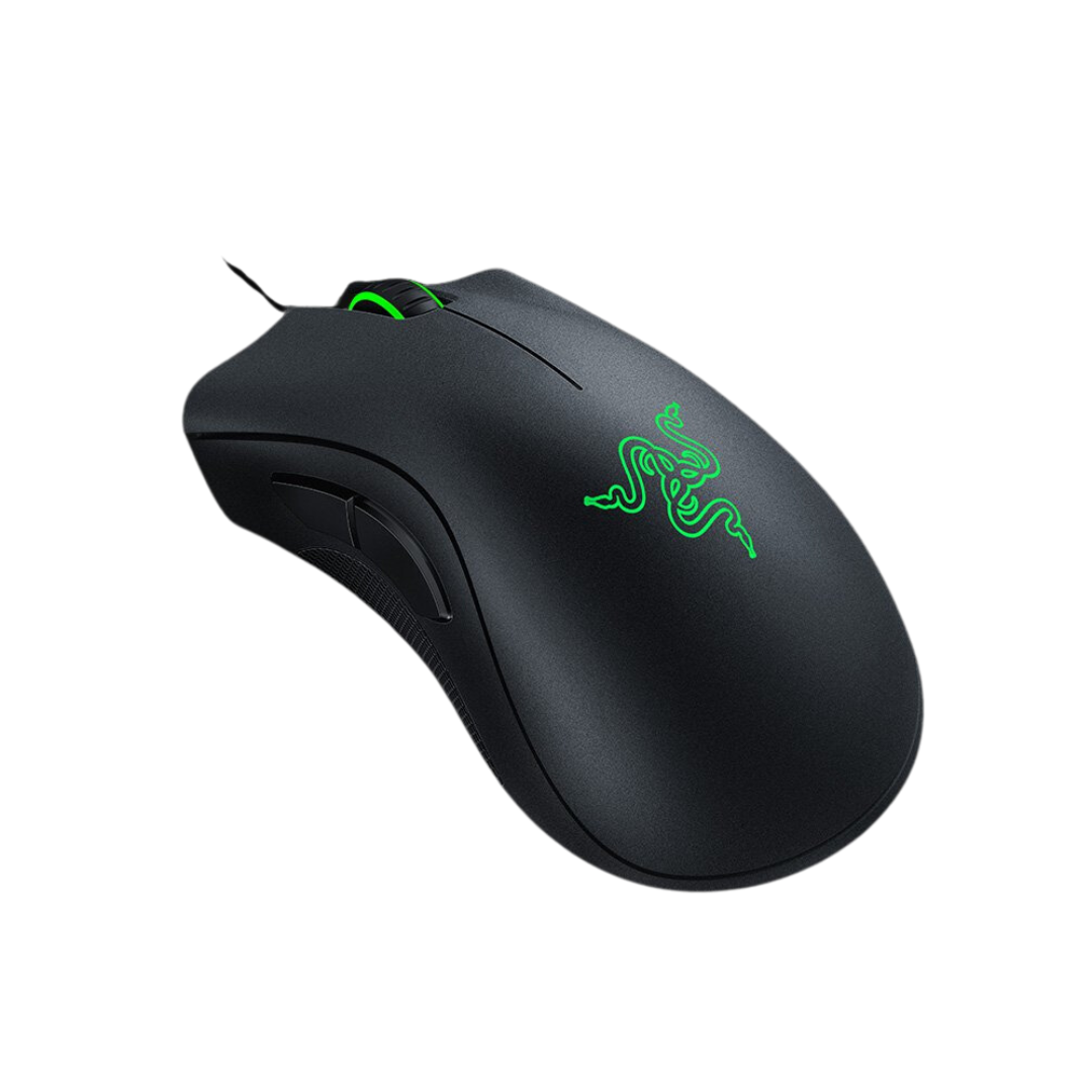 Side view of the Razer DeathAdder Essential black gaming mouse, showcasing its ergonomic shape for a comfortable grip.